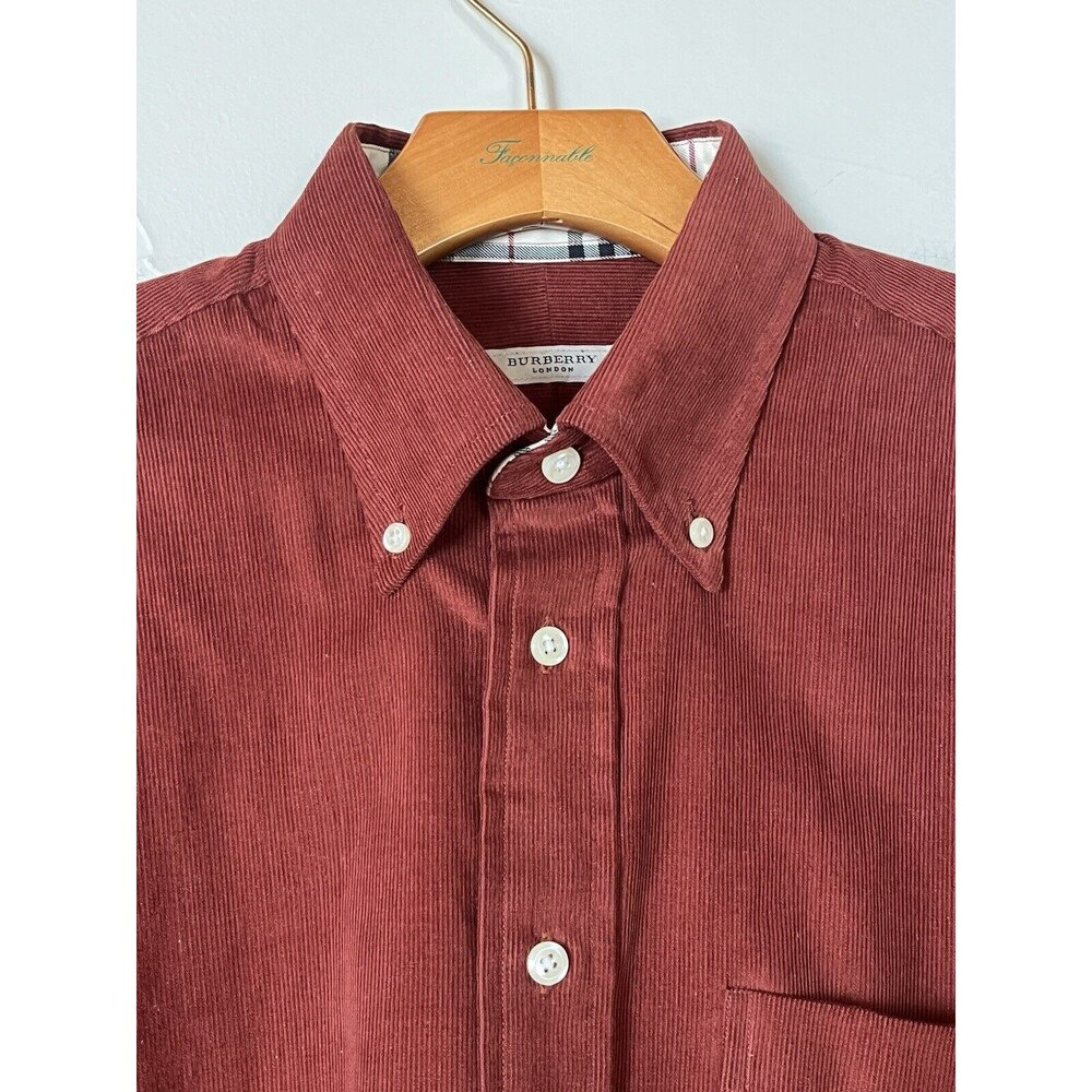 Burberry London Brown Corduroy Oxford Button Down Nova Check Cuffs, Women’s SZ M